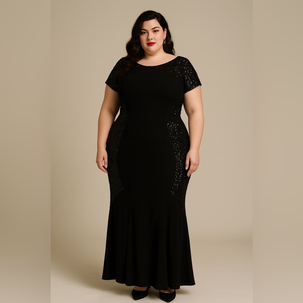 Talbot Runhof Black Wool & Sequin Short Sleeve Mermaid Gown Sz. 10‎